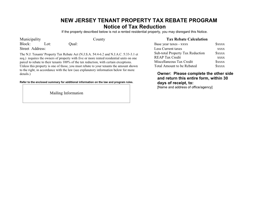 New Jersey Tenant Property Tax Rebate Program