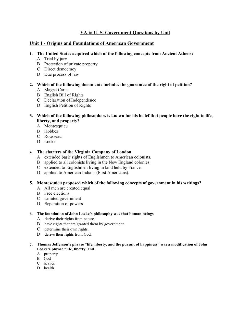 Unit 1 - Origins and Foundations of American Government