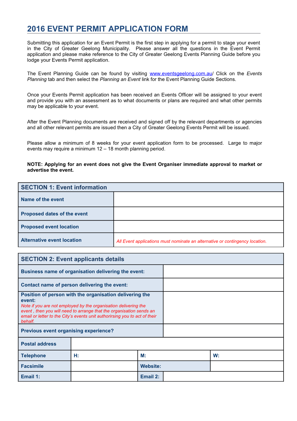 2016 Event Permit Application Form