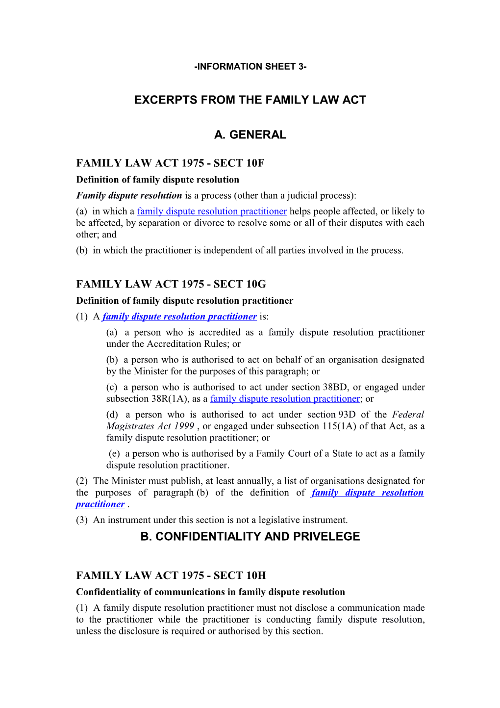 Information Pursuant to Part Ii Division Iii of the Family Law Act Family Dispute Resolution