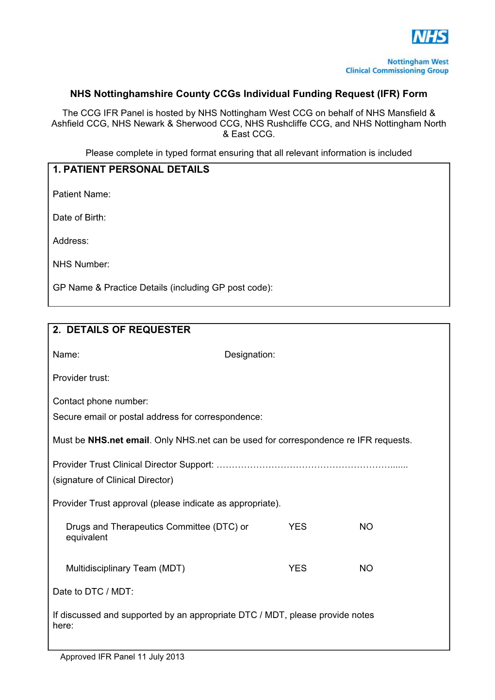 NHS Nottinghamshire County Ccgs Individual Funding Request (IFR) Form