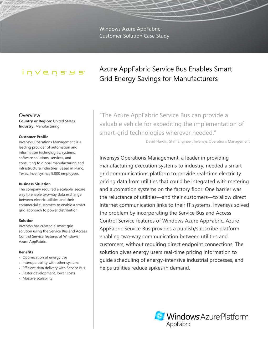 Azure Appfabric Service Bus Enables Smart Grid Energy Savings for Manufacturers