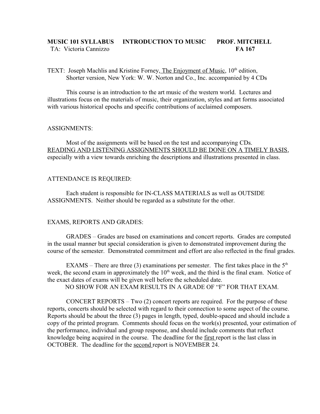 Music 101 Syllabusintroduction to Musicprof. Mitchell