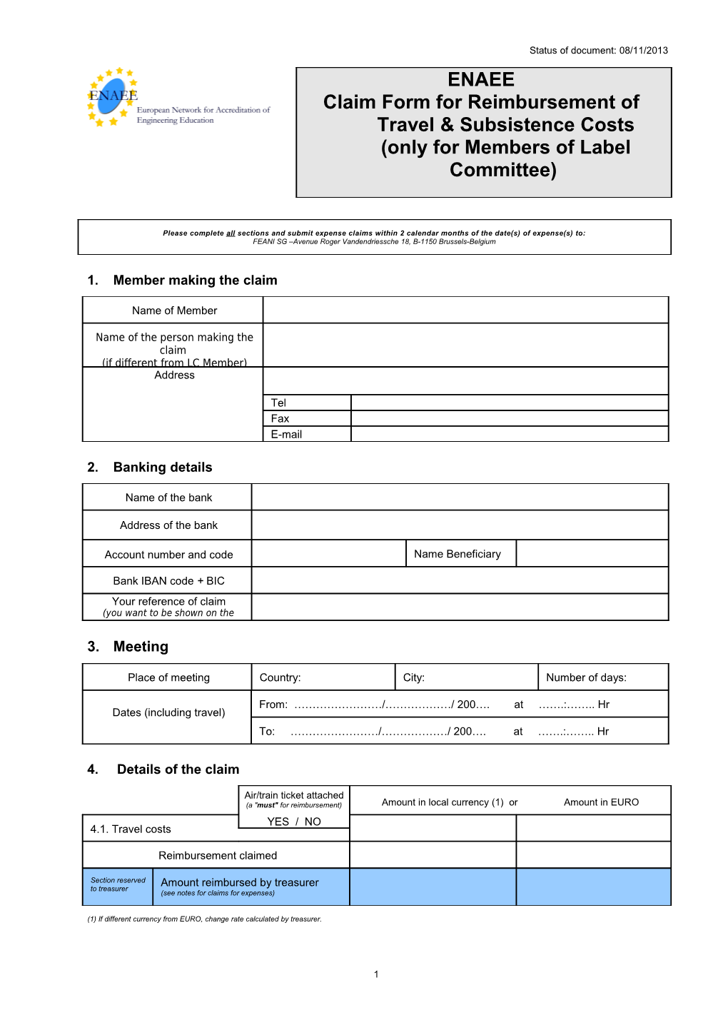 Claim Form for Reimbursement of Travel & Subsistence Costs(Only for Members of Label Committee)