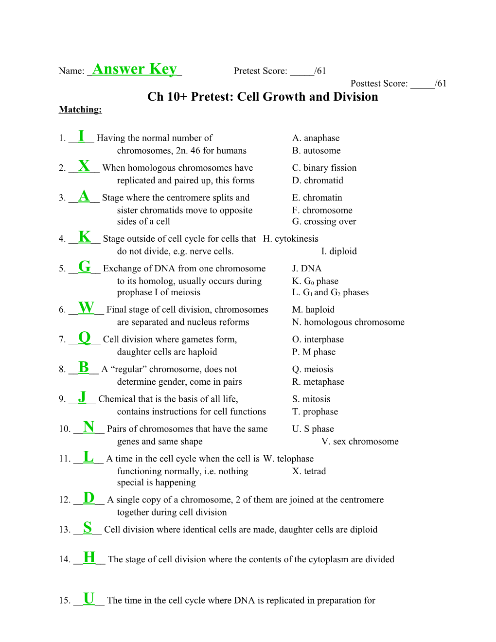 Ch 10+ Pretest: Cell Growth and Division