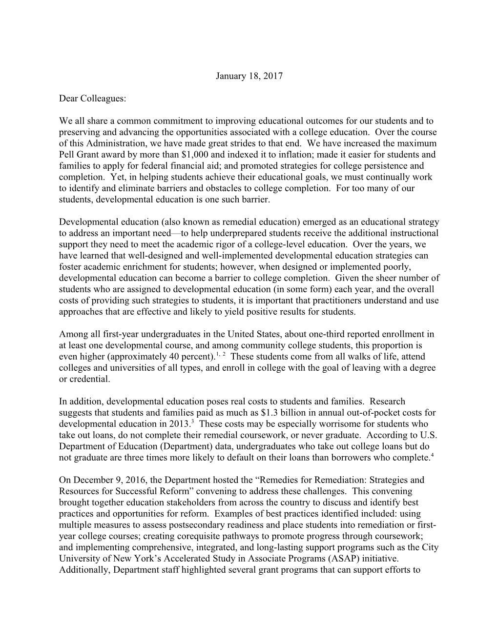 Dear Colleague Letter on Developmental Education from Undersecretary Ted Mitchell, January