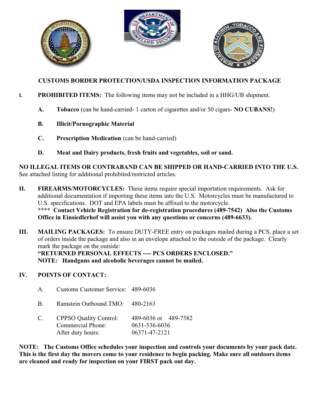 Customs Border Protection/Usda Inspection Information Package