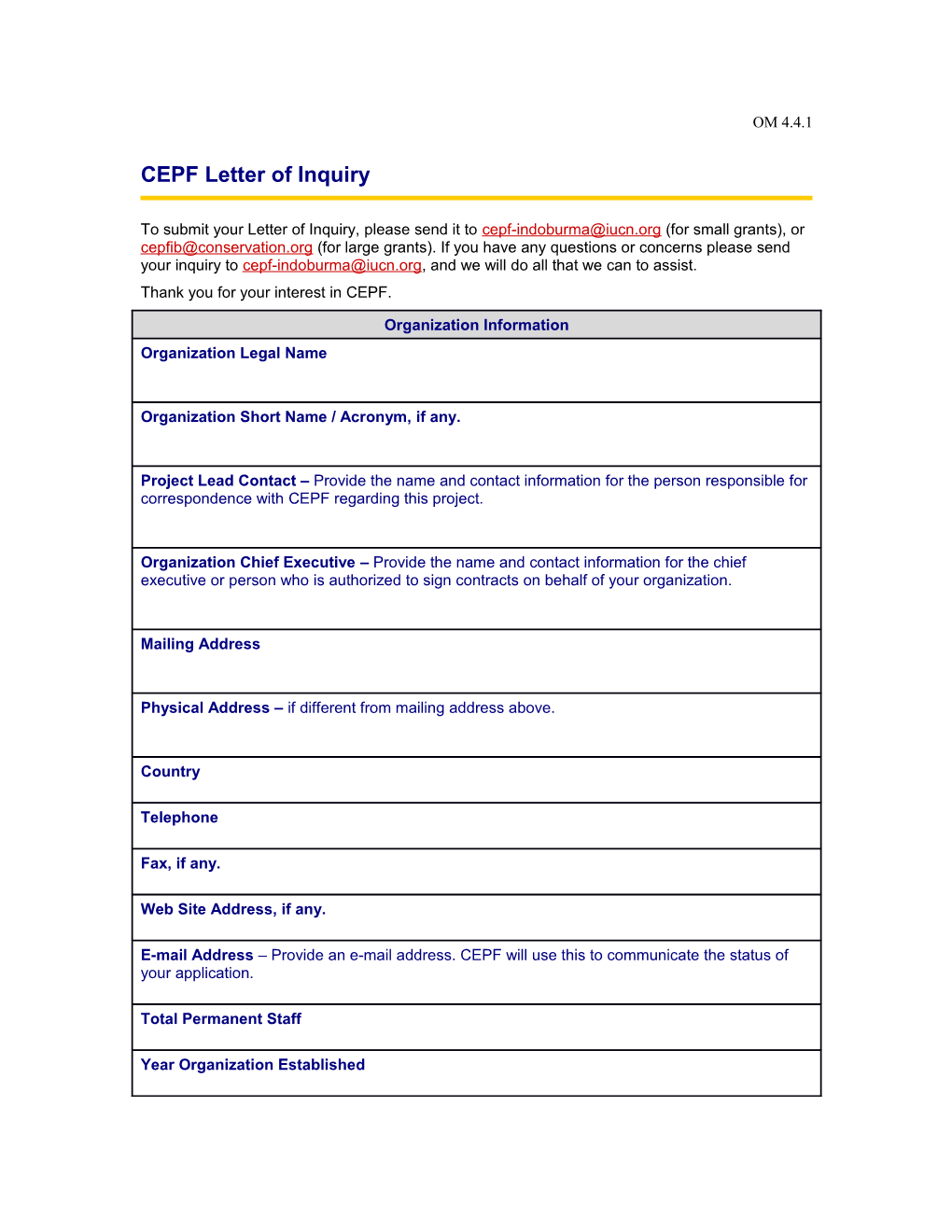 CEPF Letter of Inquiry