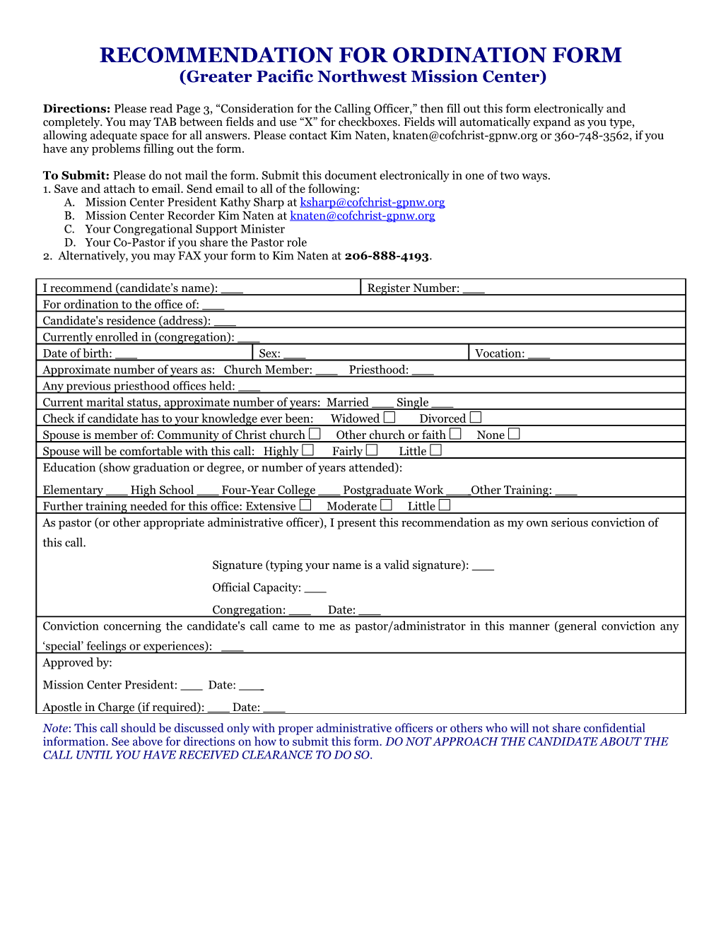 Recommendation for Ordination Form