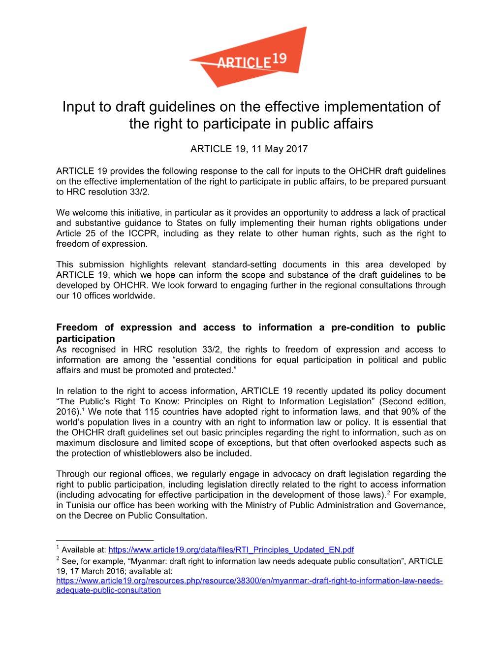 Input to Draft Guidelines on the Effective Implementation of the Right to Participate In