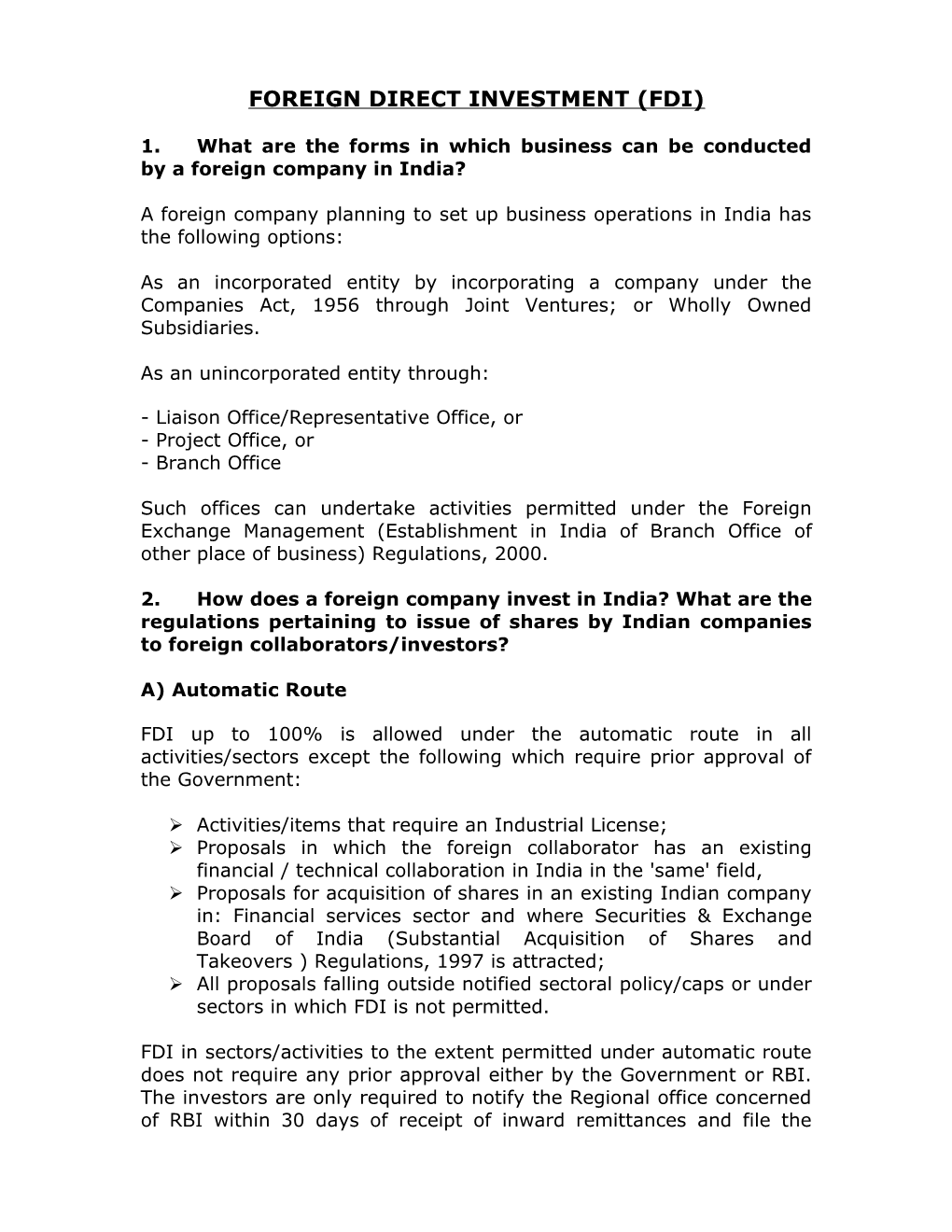 Foreign Direct Investment (Fdi)