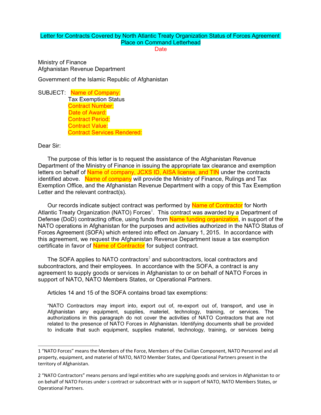 Letter Forcontracts Coveredby North Atlantic Treaty Organization Status of Forces Agreement