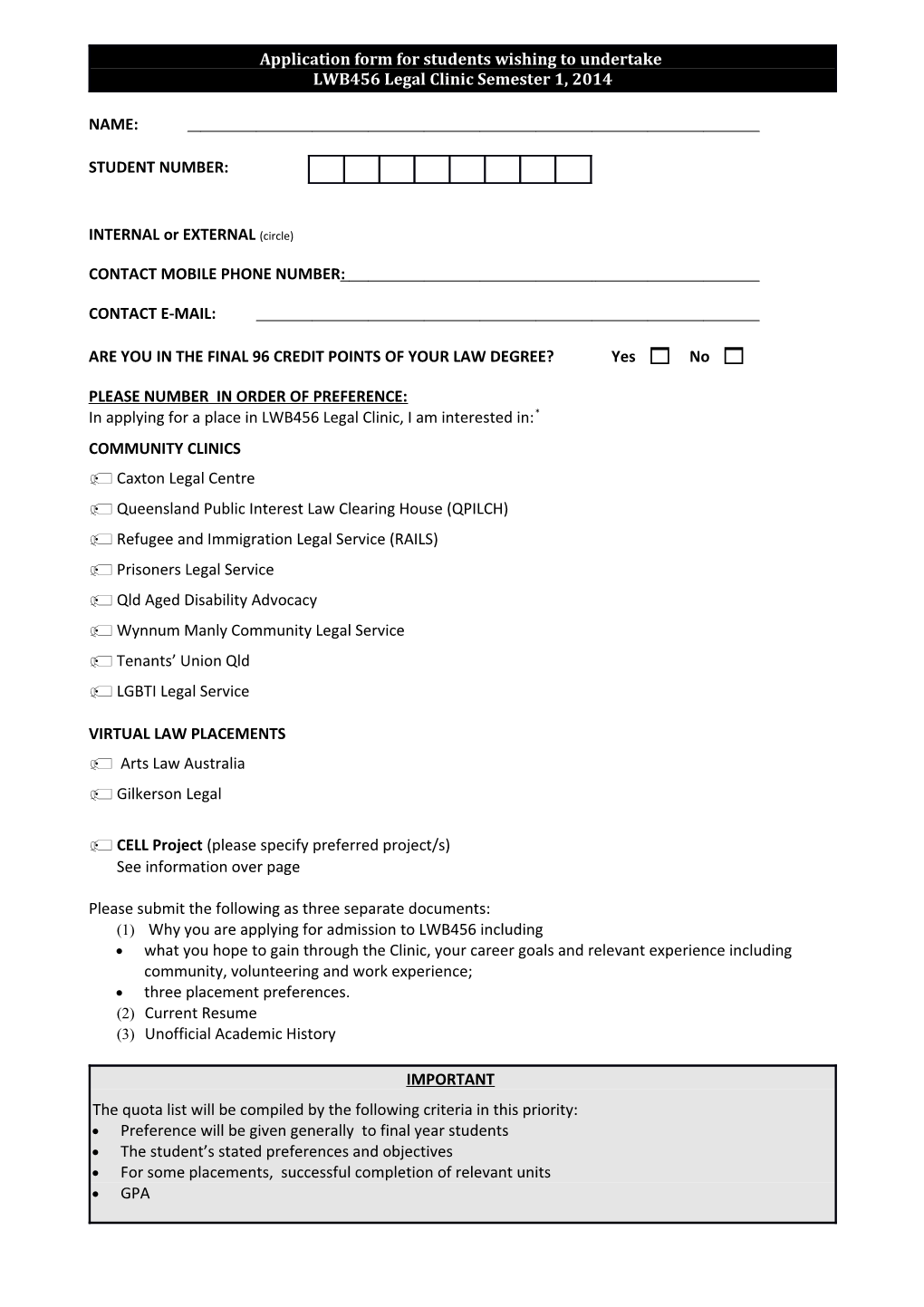LWB456 Legal Clinic Application Form