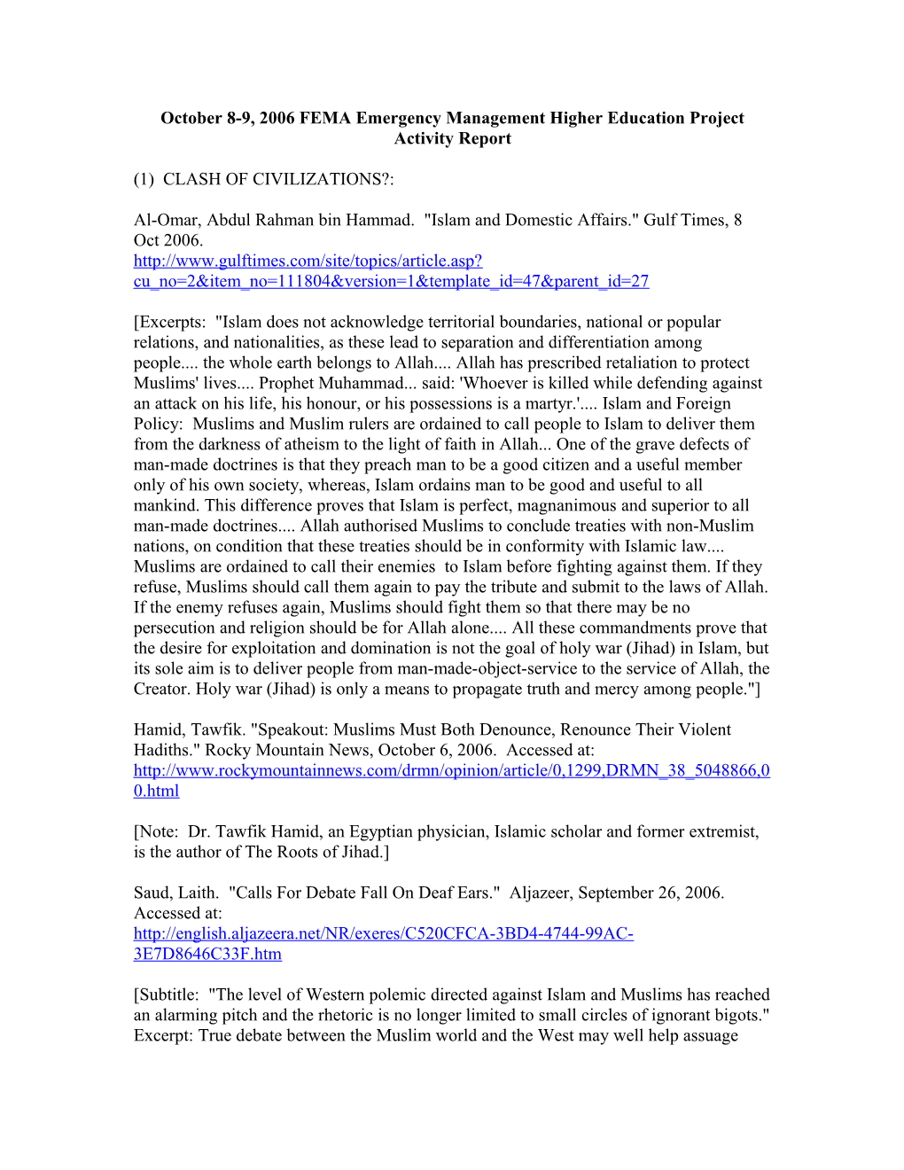 October 8-9, 2006 FEMA Emergency Management Higher Education Project Activity Report