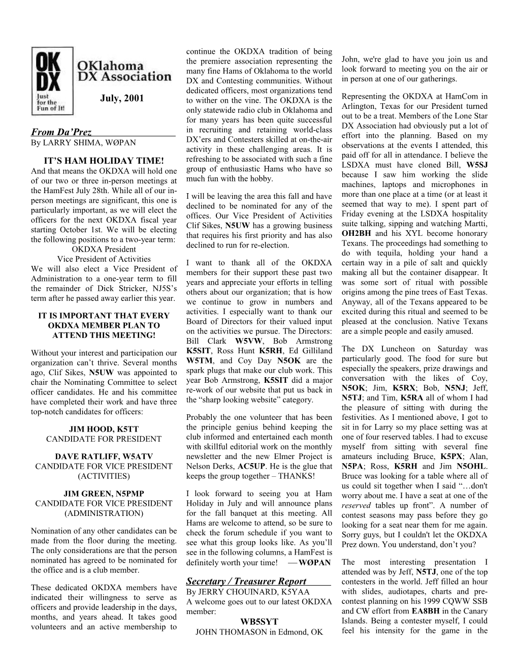 OKDXA Newsletter for July, 2001