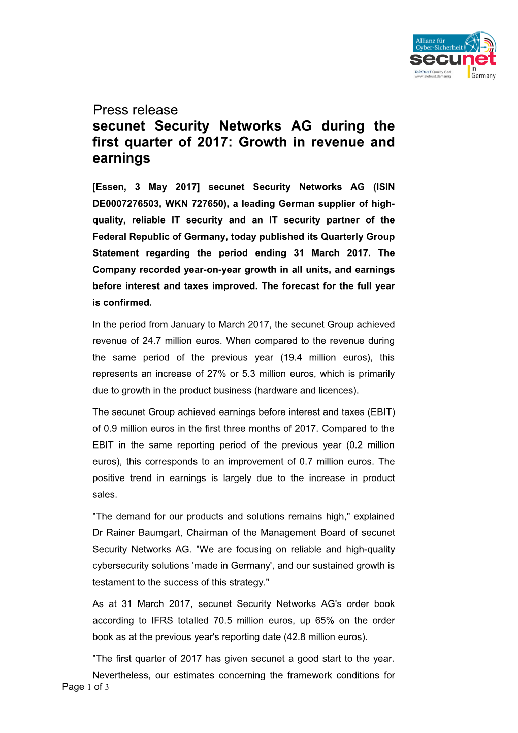 Secunet Security Networks AG During the First Quarter of 2017: Growth in Revenue and Earnings