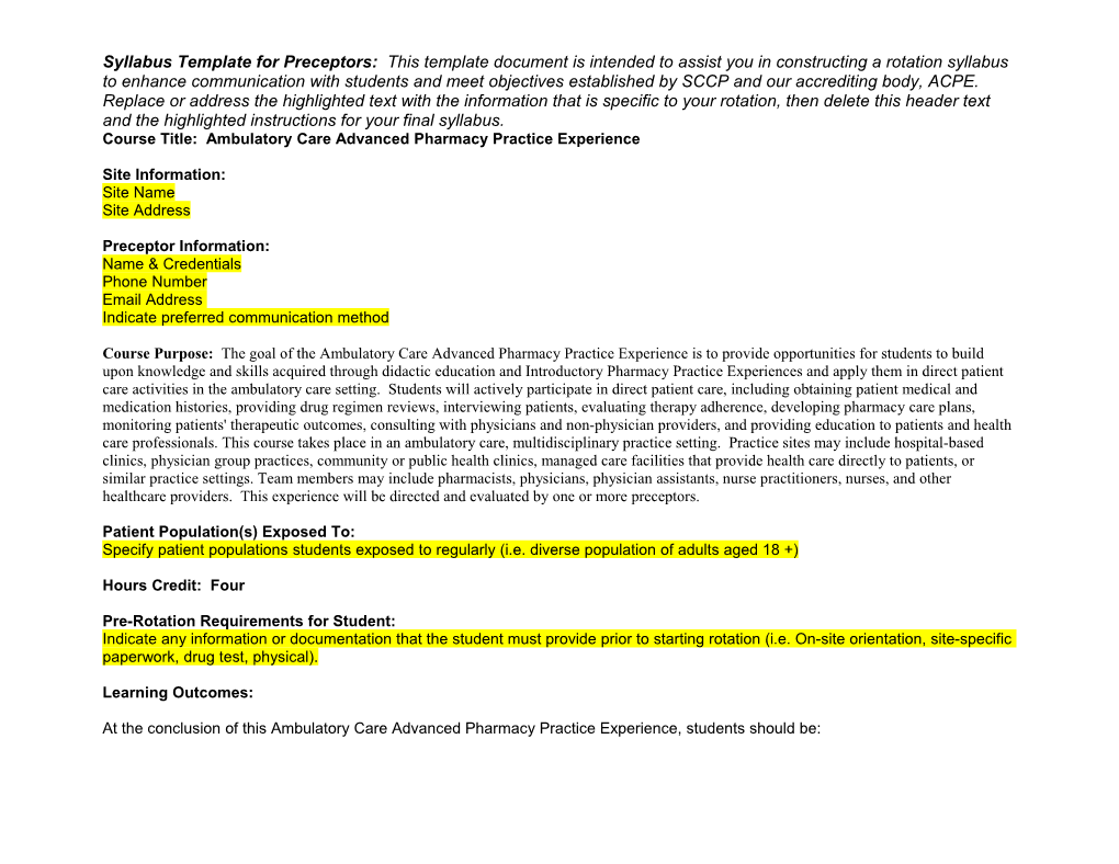 Course Title: Ambulatory Careadvanced Pharmacy Practice Experience