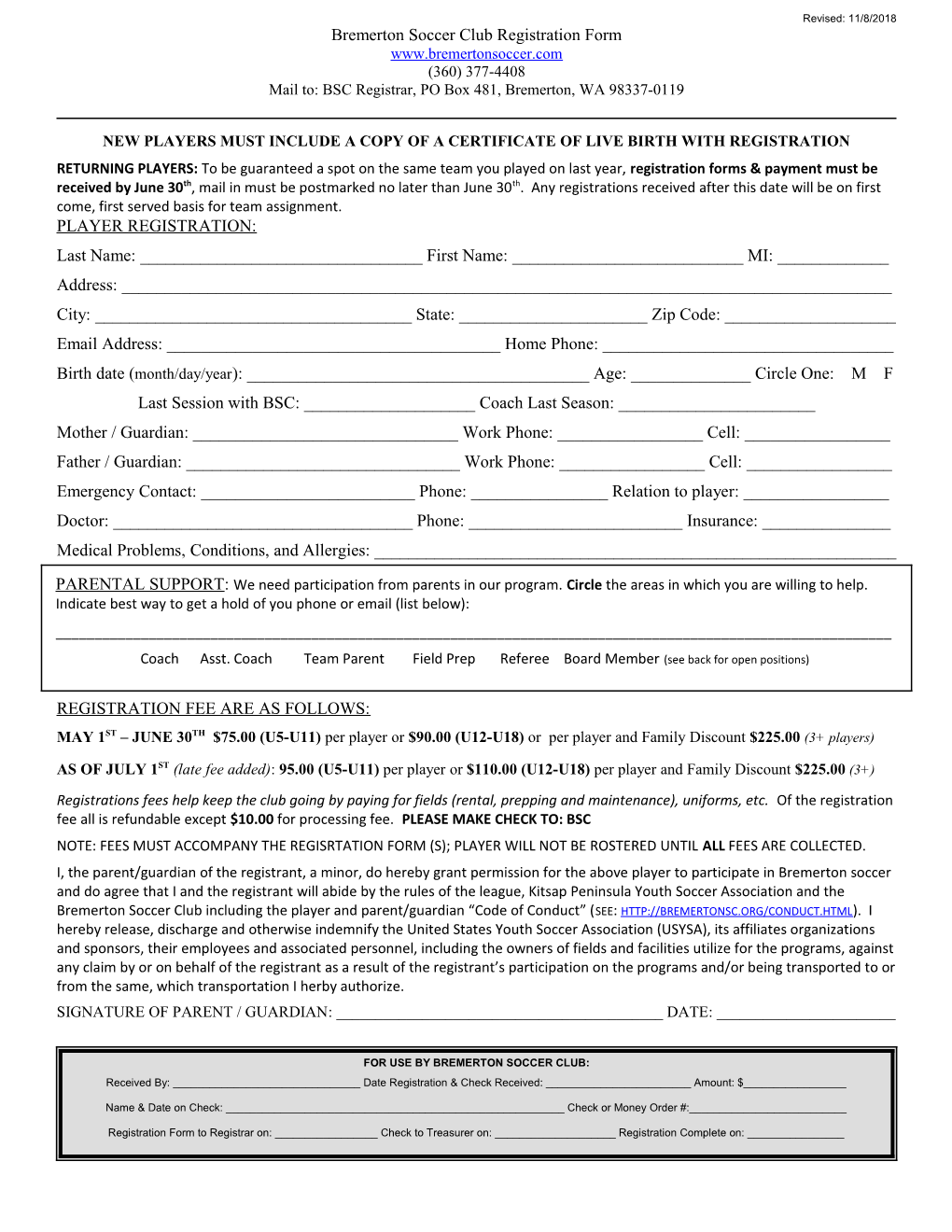 Bremerton Soccer Club Registration Form