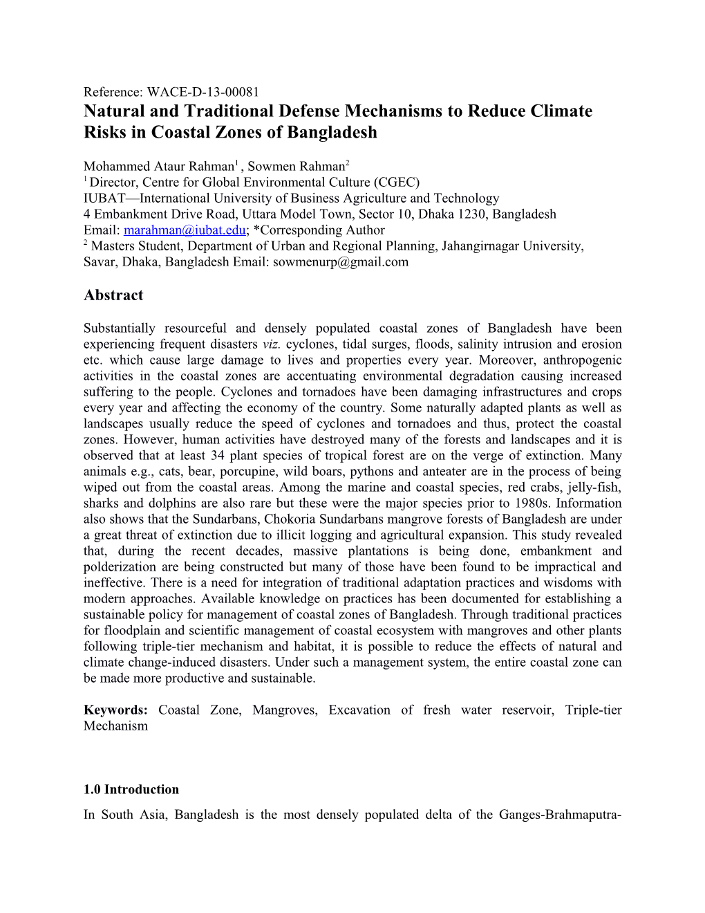 Natural and Traditional Defense Mechanisms to Reduce Climate Risks in Coastal Zones Of