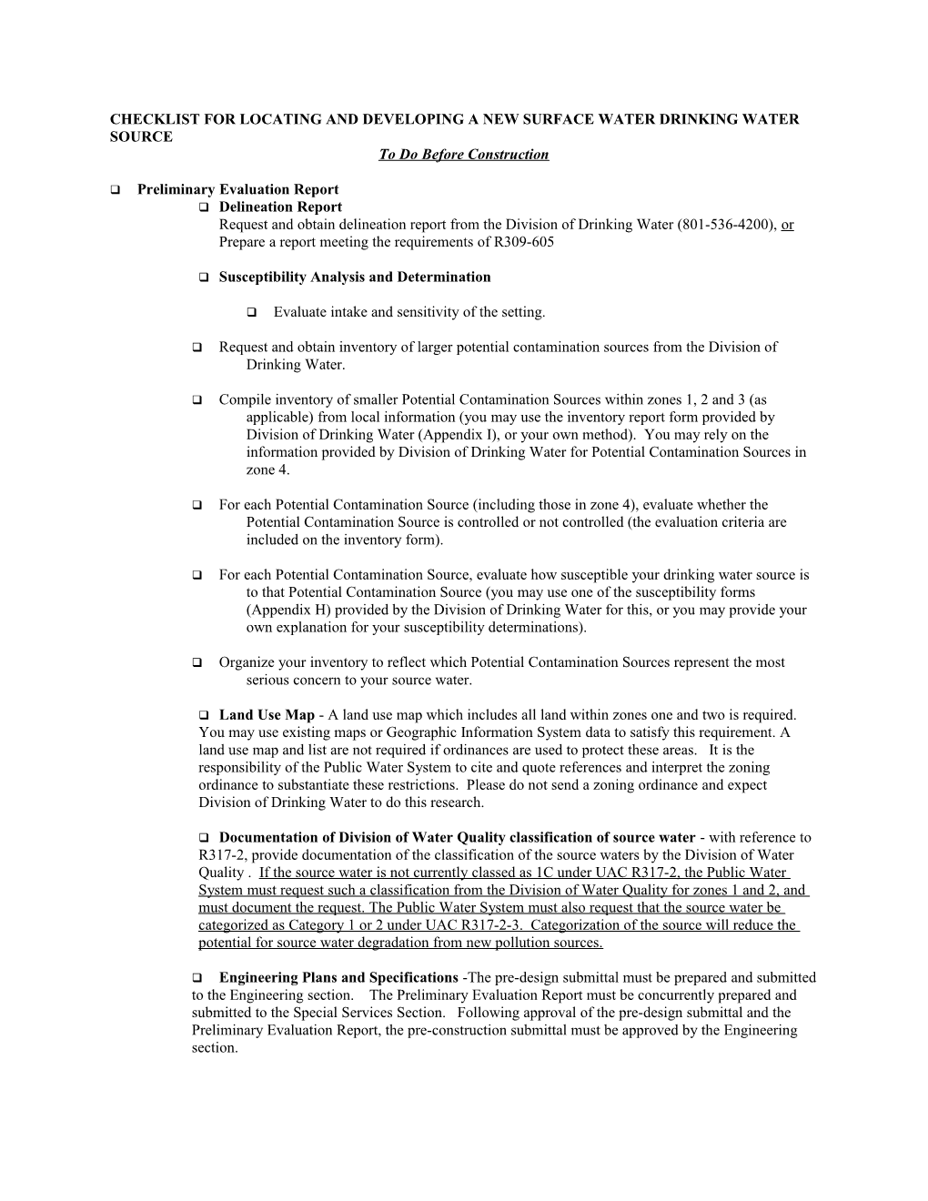 Checklist for Locating and Developing a New Surface Water Drinking Water Source