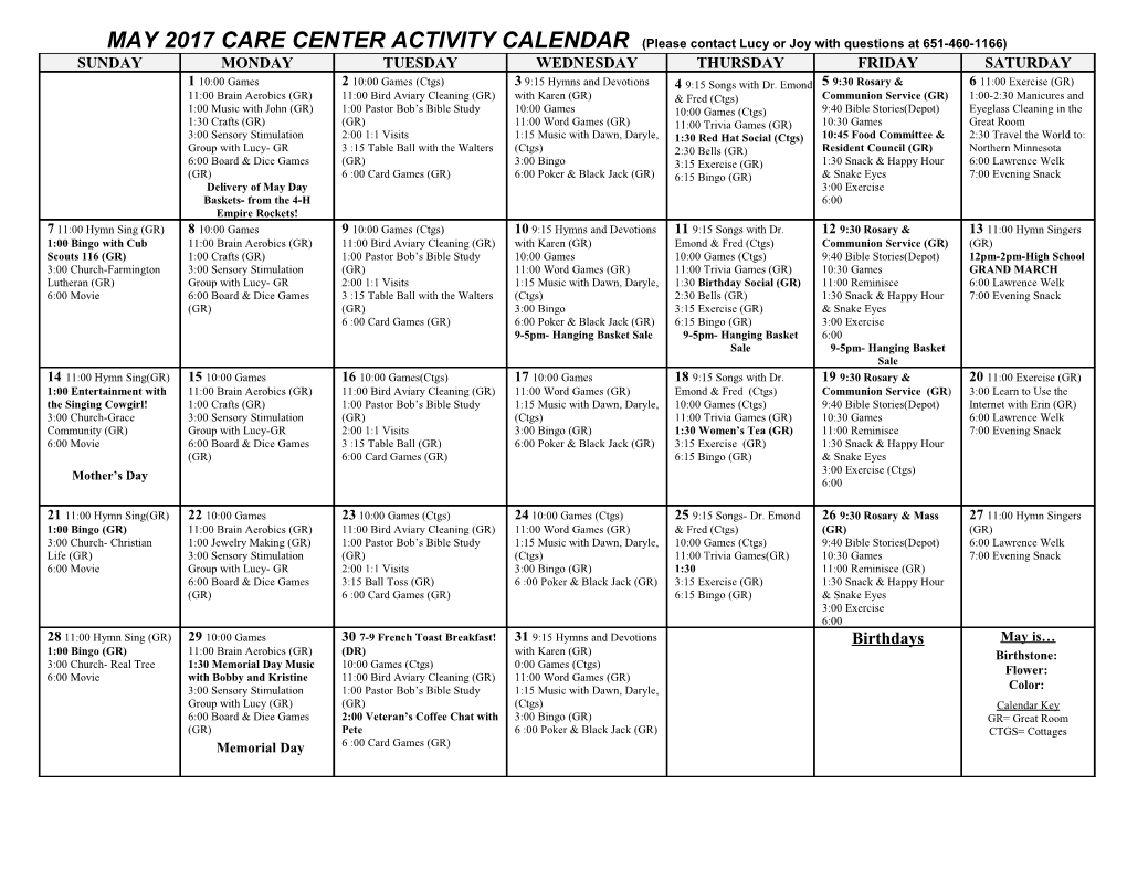 MAY2017CARE CENTER ACTIVITY CALENDAR (Please Contact Lucy Or Joy with Questions At