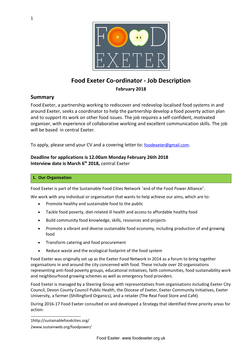Food Exeter Co-Ordinator - Job Description