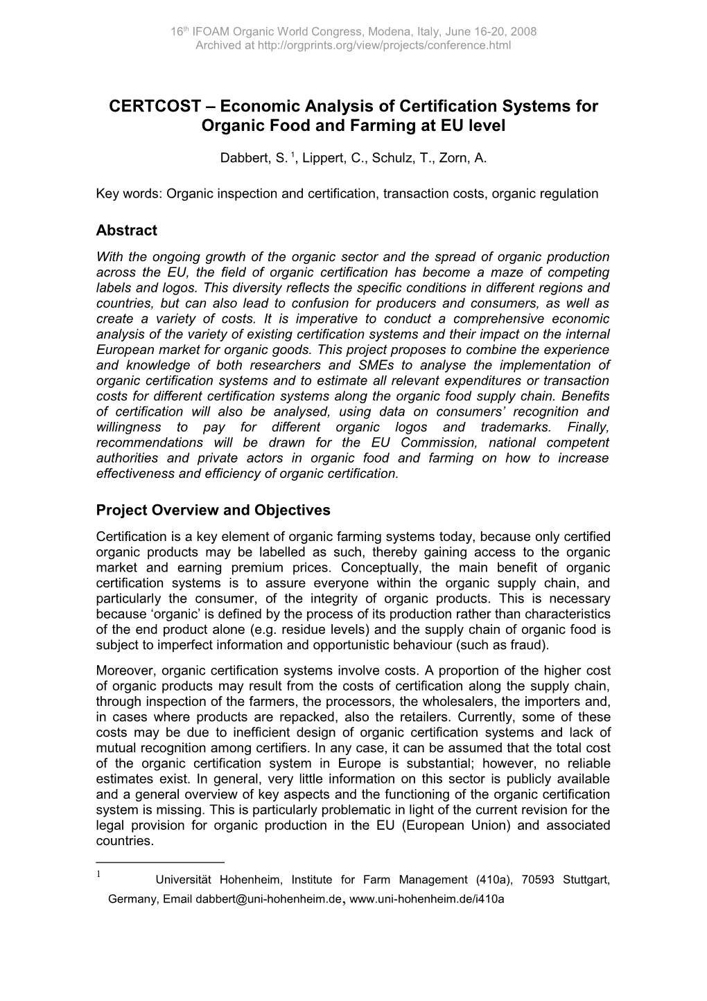 CERTCOST Economic Analysis of Certification Systems for Organic Food and Farming at EU Level