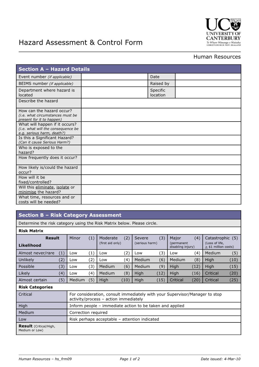 Hazard Assessment & Control Form