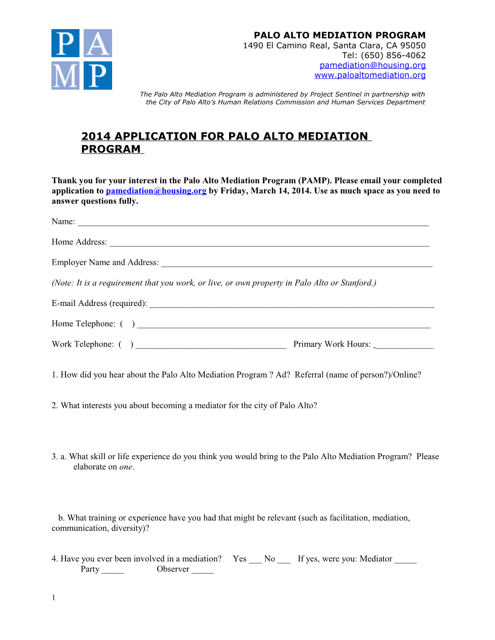 2014 Application for Palo Alto Mediation Program