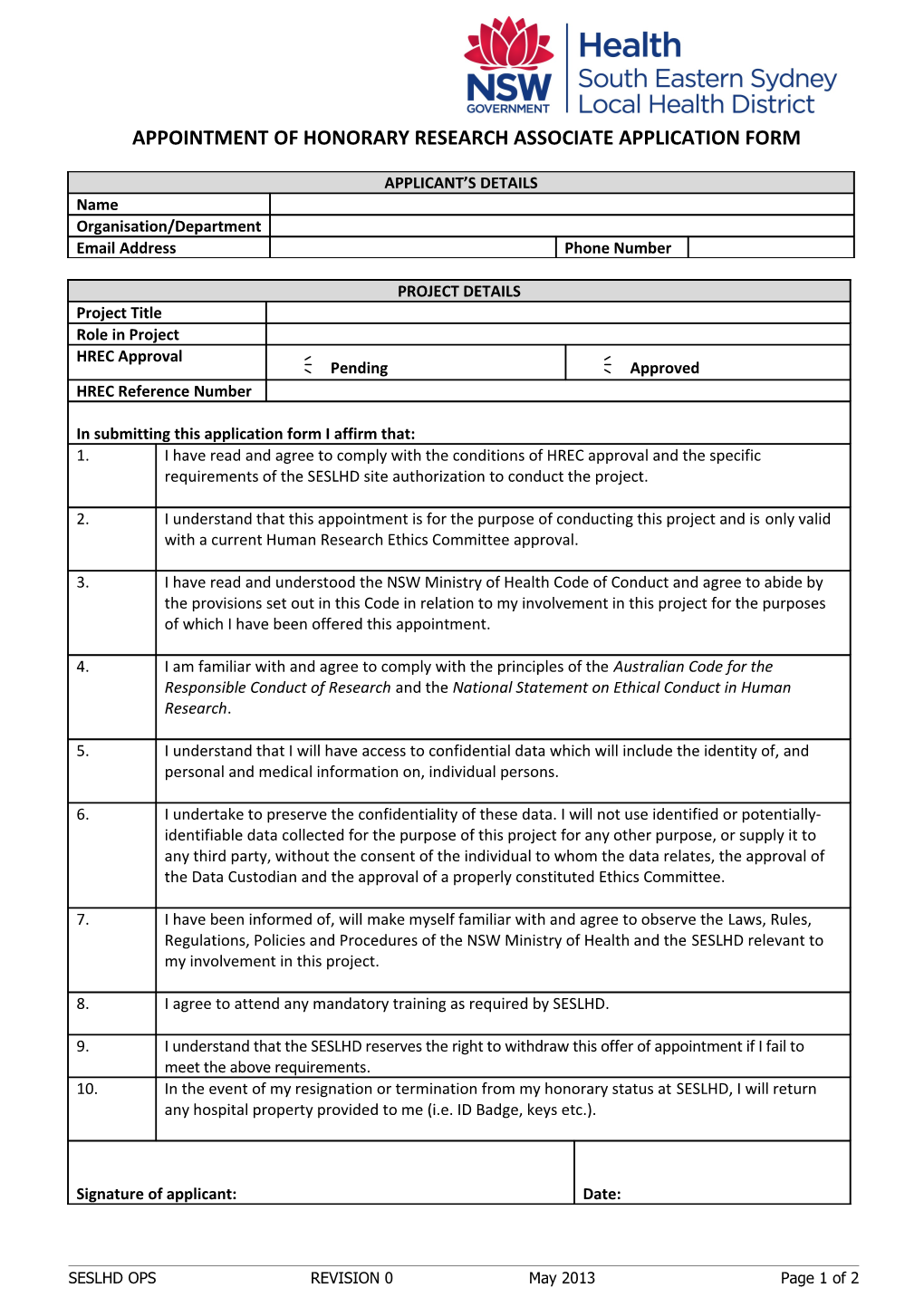 Appointment of Honorary Research Associate Application Form