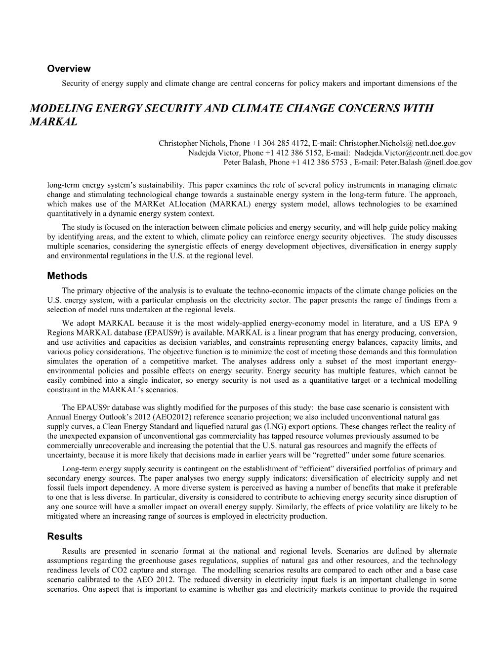 MODELING ENERGY SECURITY and Climatechangeconcerns with MARKAL