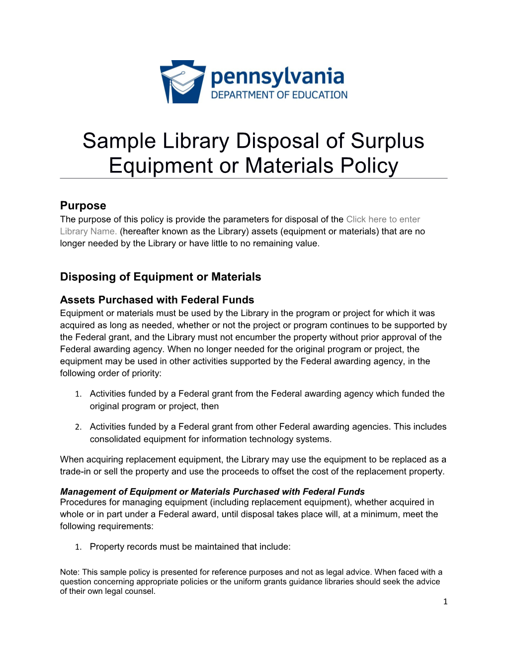 Sample Library Disposal of Surplus Equipment Or Materials Policy