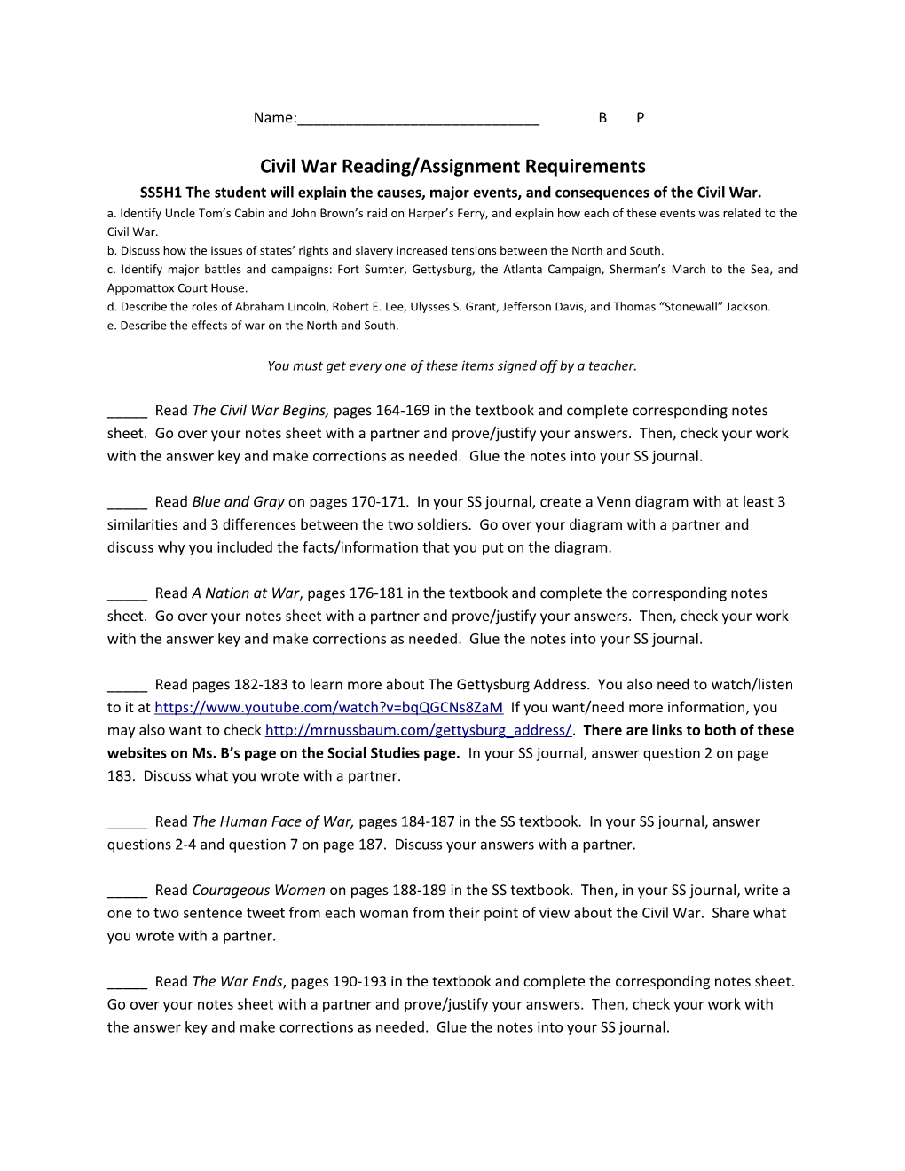 Civil War Reading/Assignment Requirements