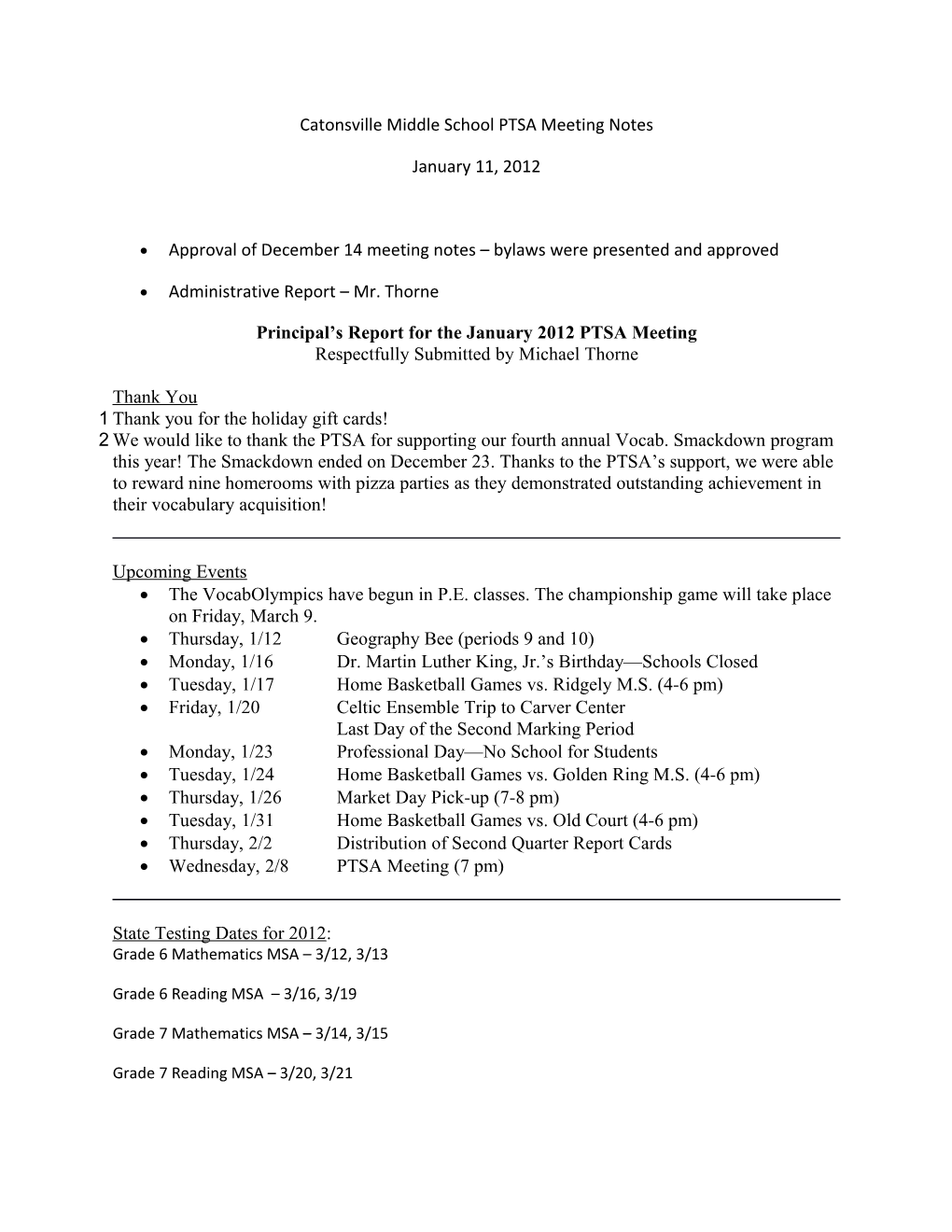 Catonsville Middle School PTSA Meeting Notes