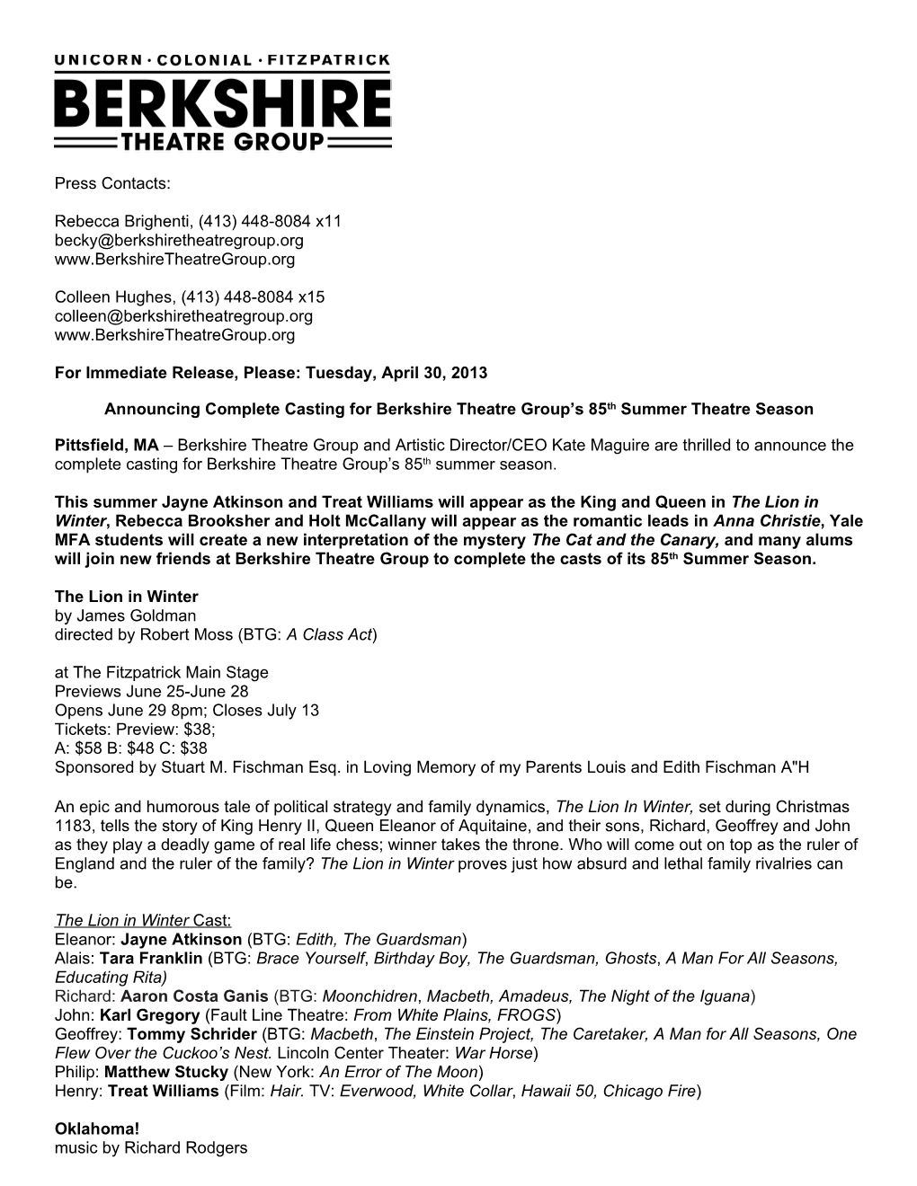 Announcing Complete Casting for Berkshire Theatre Group S 85Th Summer Theatre Season