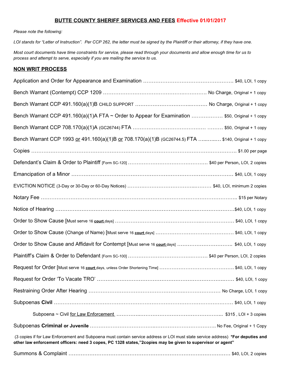 BUTTE COUNTY SHERIFF SERVICES and Feeseffective 01/01/2017