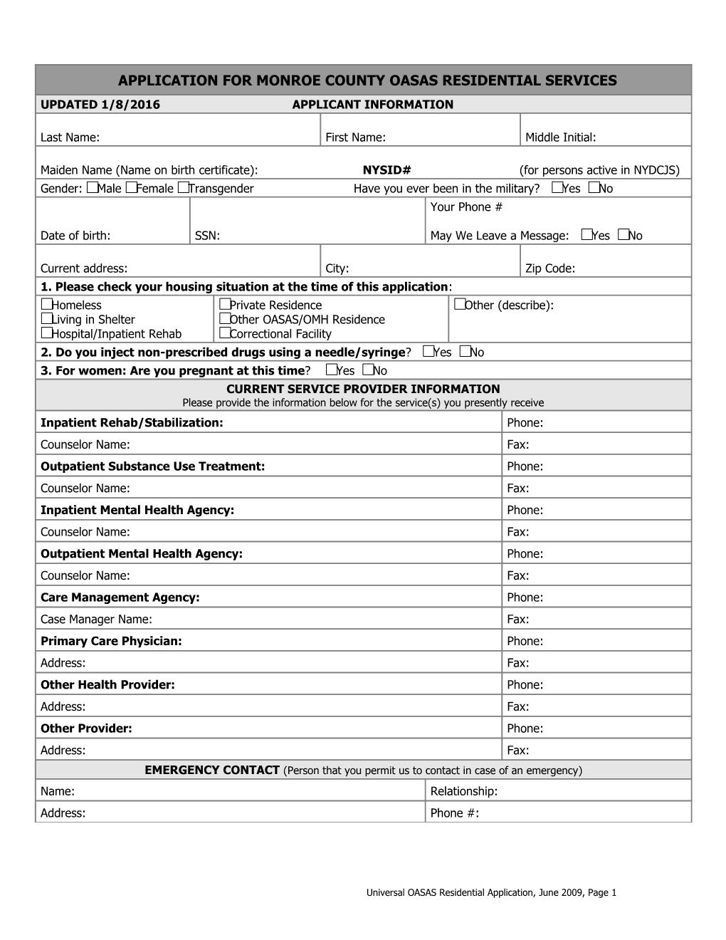 Application for Monroe County Oasas Residential Services