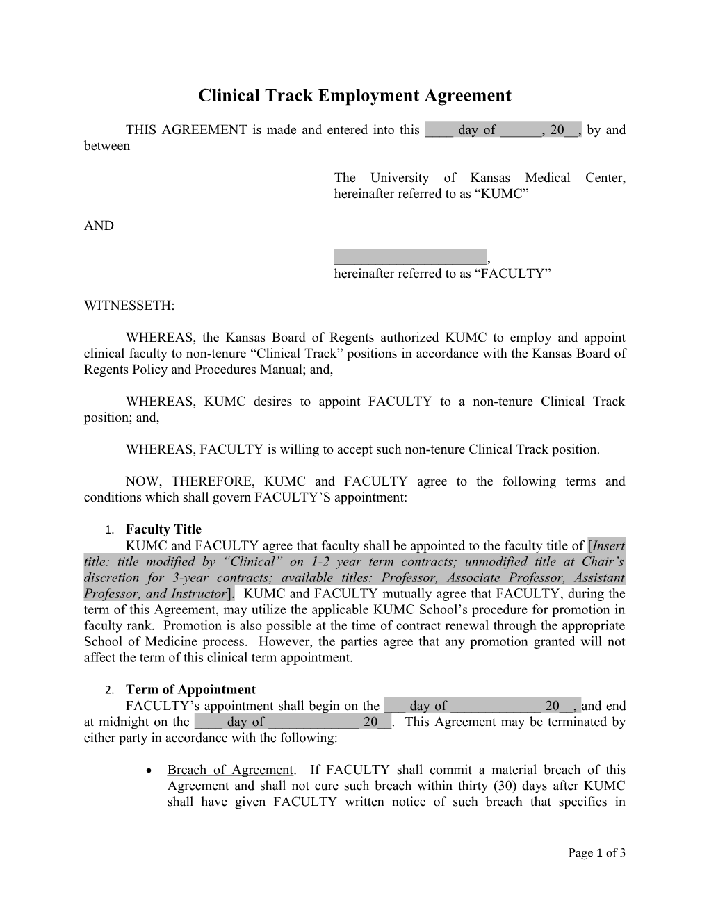 Template Clinical Track Employment Agreement (L0031293-2)