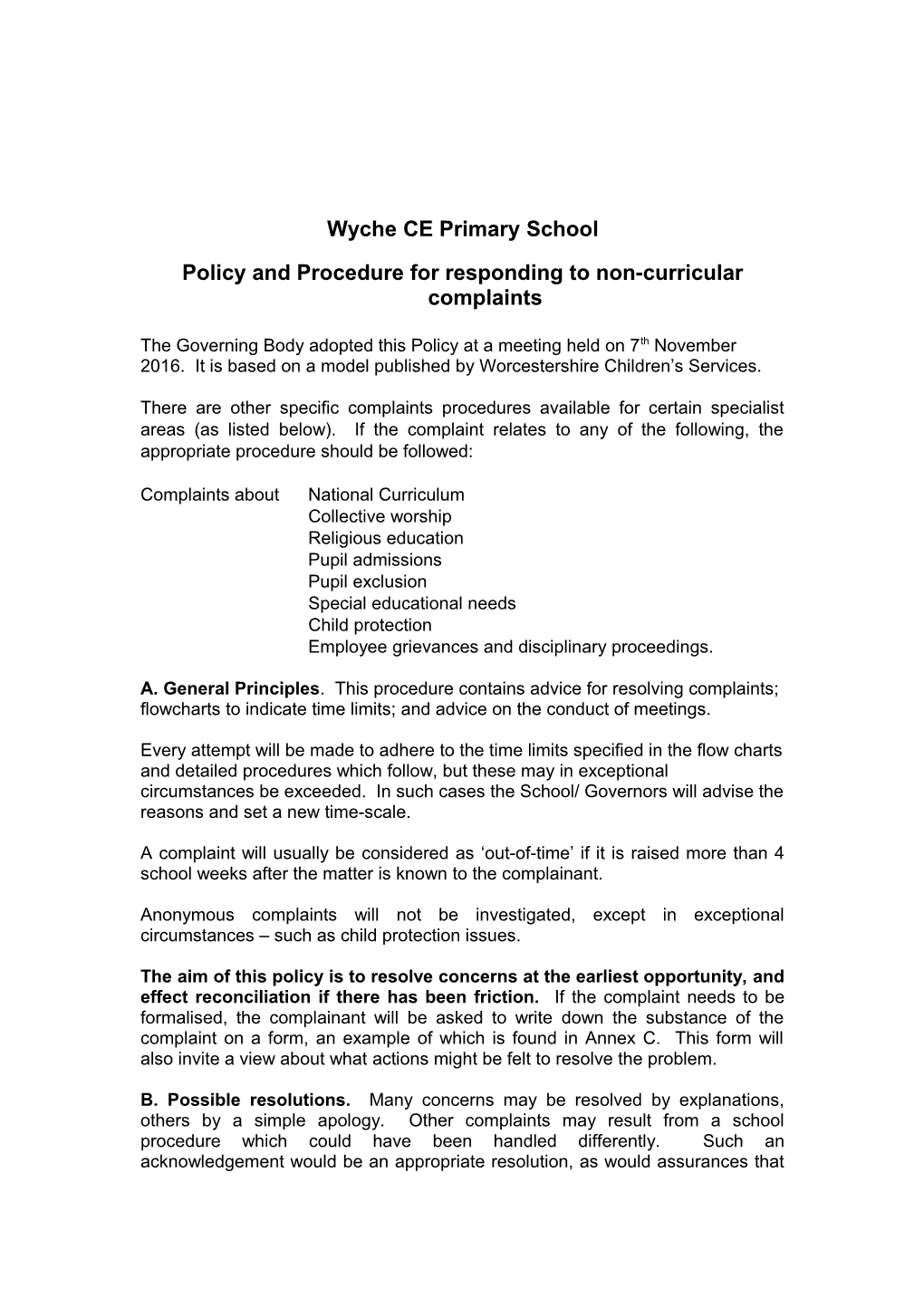 Policy and Procedure for Responding to Non-Curricular Complaints