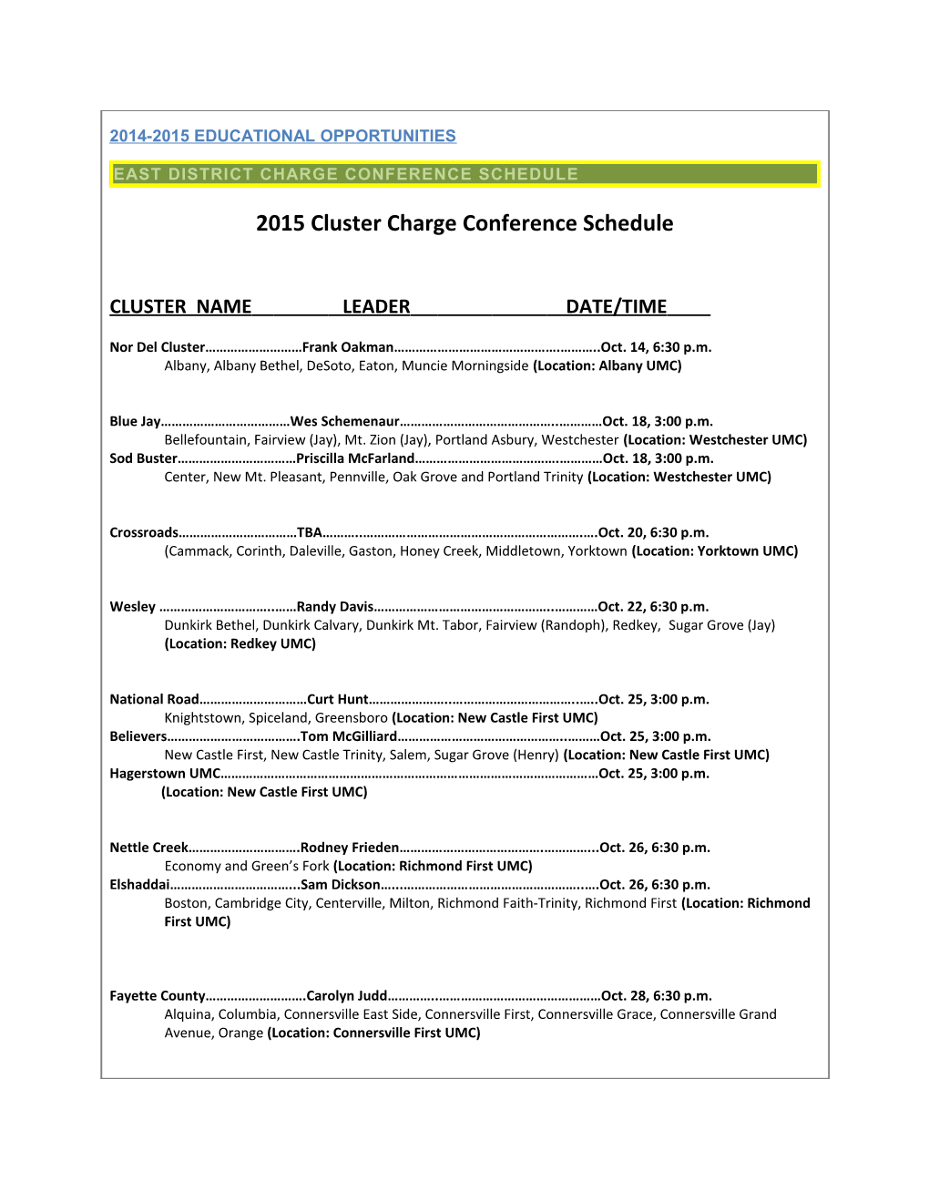 East District Charge Conference Schedule