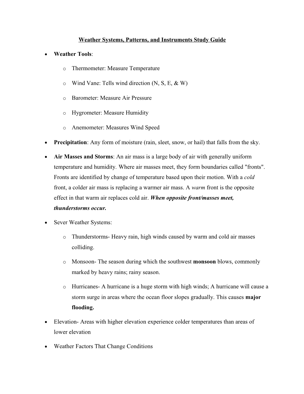 Weather Systems, Patterns, and Instruments Study Guide