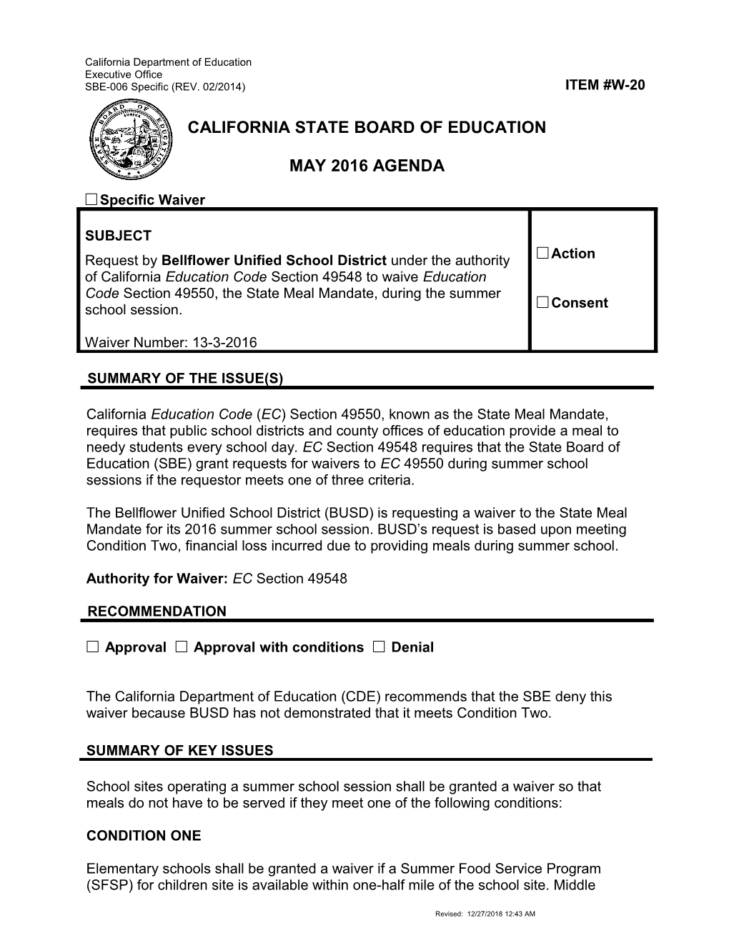 May 2016 Waiver Item W-20 - Meeting Agendas (CA State Board of Education)