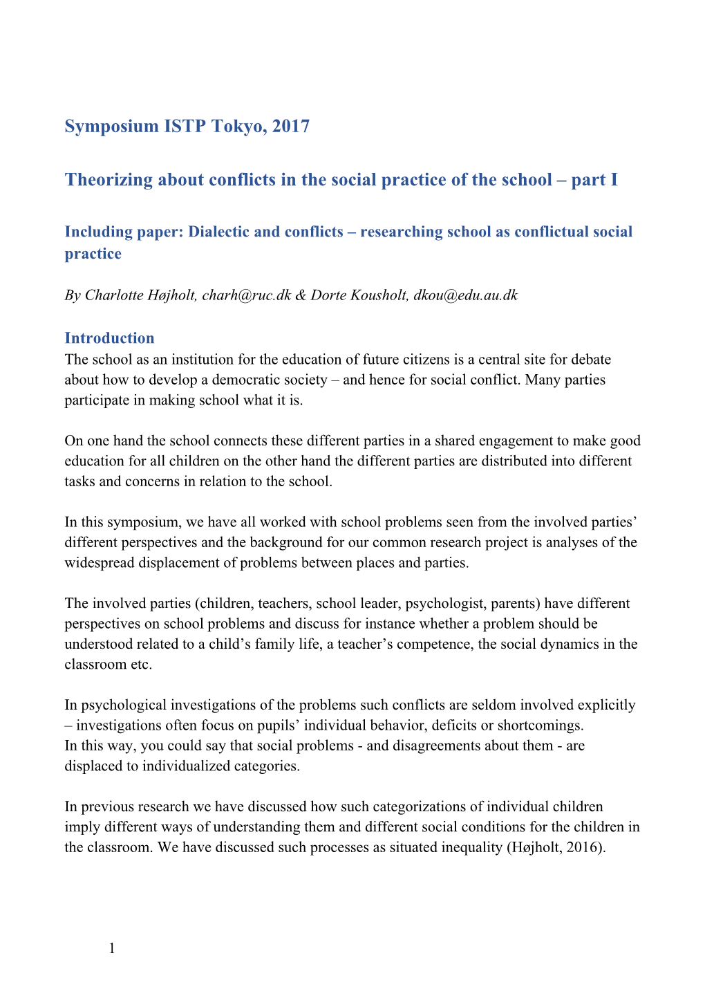 Theorizing About Conflicts in the Social Practice of the School Part I
