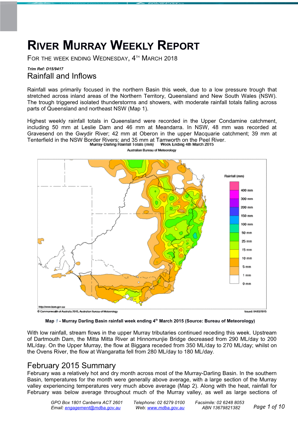 River Murray Operations Weekly Report 4Th March 2015