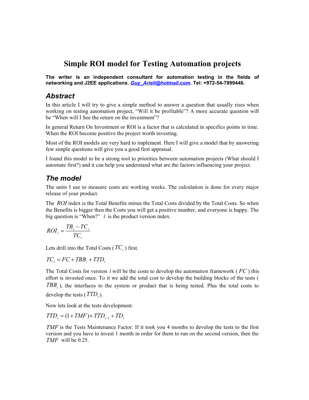 Simple ROI Model for Testing Automation Project