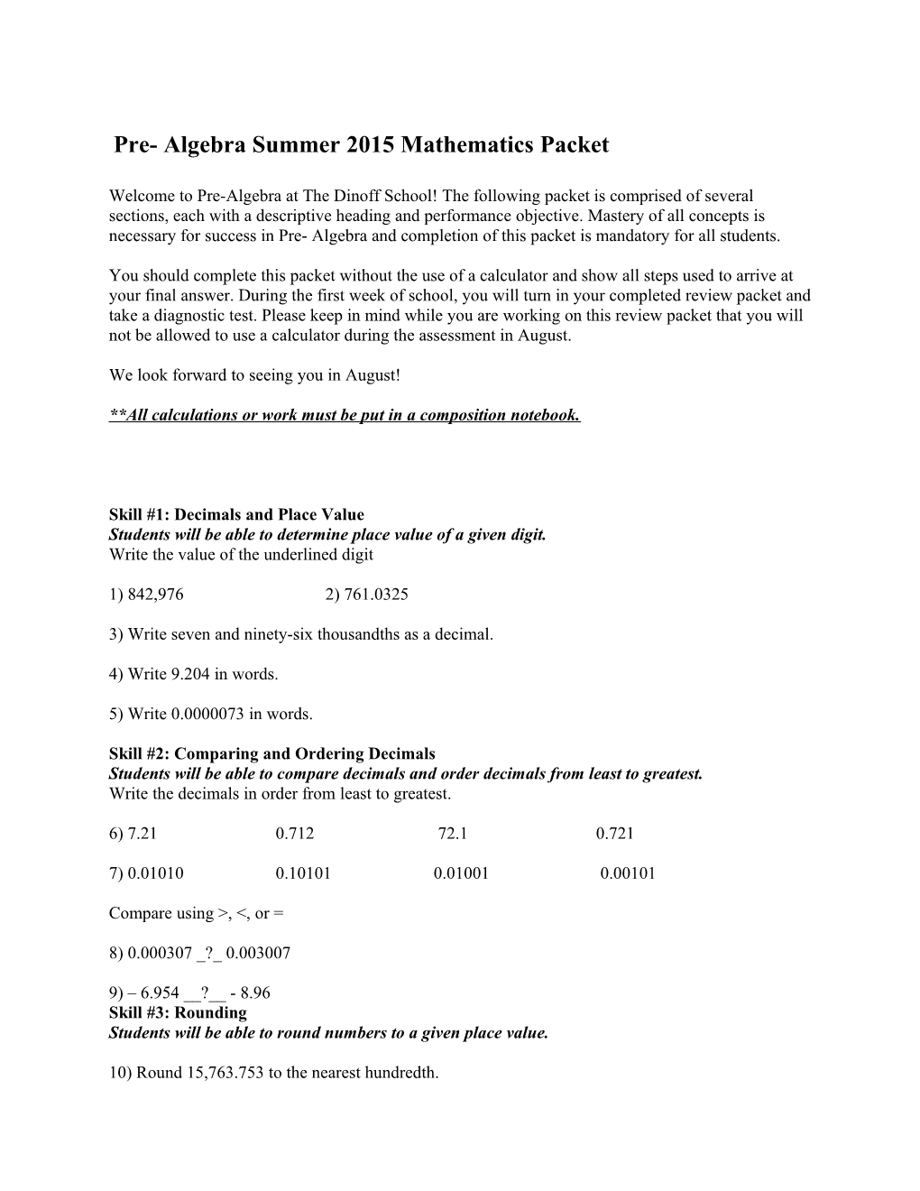 Pre- Algebra Summer 2015 Mathematics Packet