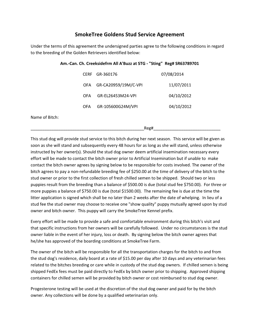 Smoketree Goldens Stud Service Agreement