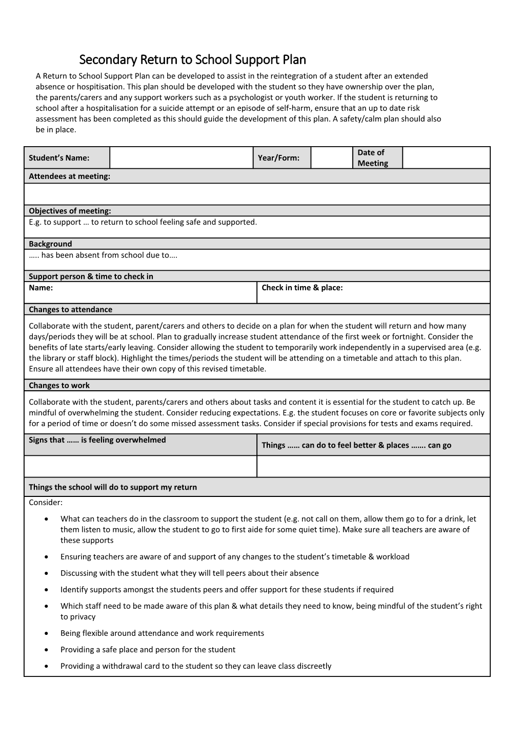 Secondary Return to School Support Plan