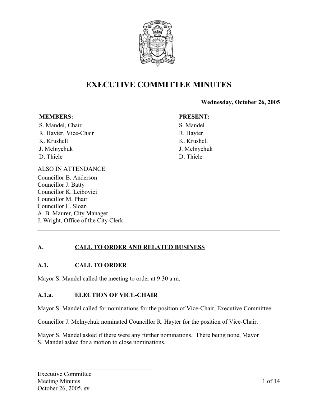 Minutes for Executive Committee October 26, 2005 Meeting