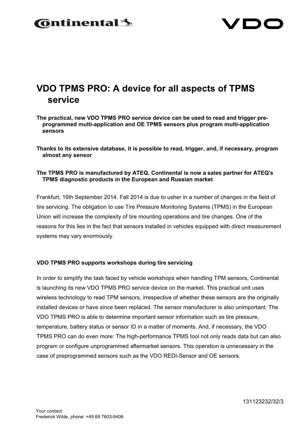 VDO TPMS PRO: a Device for All Aspects of TPMS Service